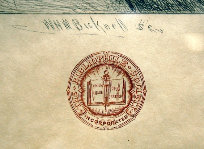 Figure 8. The emblem of The Bibliophile society and Bicknell’s signature